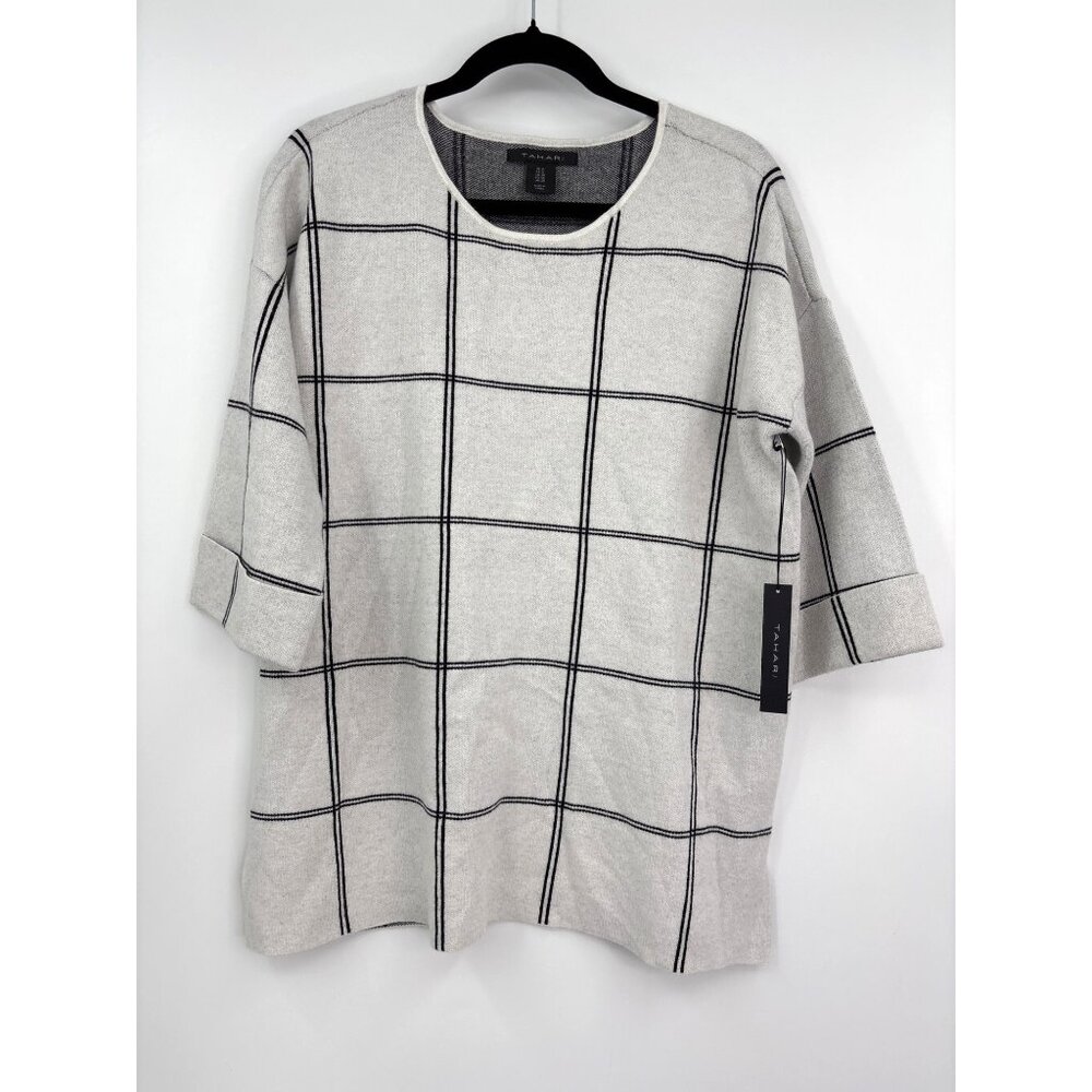 Tahari Perfect Shape Pullover Sweater Windowpane Plaid White Black 1X NEW